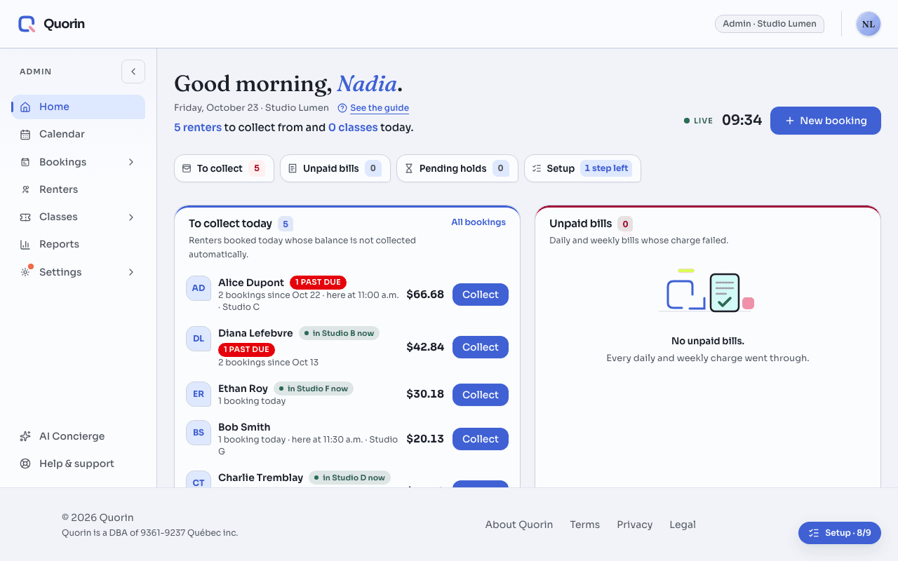 The admin Home page of a studio: a greeting and one sentence on what is waiting, a row of counts, and the “To collect today” list, where each renter has a “Collect” button, next to the “Unpaid bills” panel.