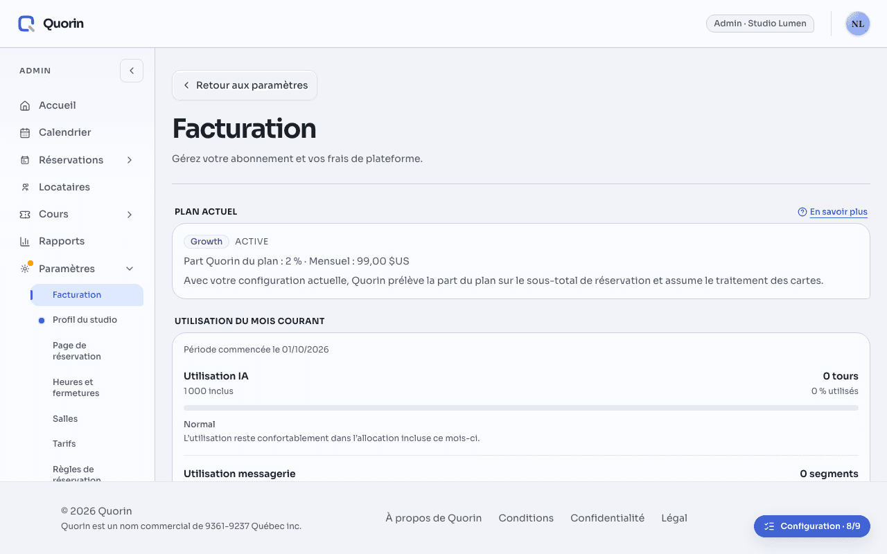 Paramètres › Facturation : la section « Plan actuel » affiche Growth, Active, la part Quorin de 2 % et les frais mensuels de 99 $ US, avec une note sur la façon dont la part du plan est prise pour ce studio, et un lien « En savoir plus » à côté de son titre. Dessous, « Utilisation du mois courant » montre les tours de l’assistant IA utilisés sur les 1 000 inclus.