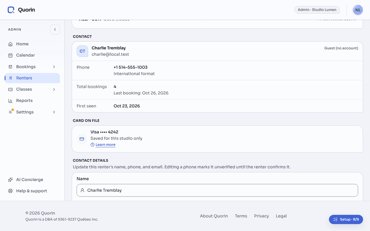 A renter’s profile in Renters: the contact card with their name, phone and number of bookings, then the “Card on file” row: Visa •••• 4242, “Saved for this studio only”, and a “Learn more” link.