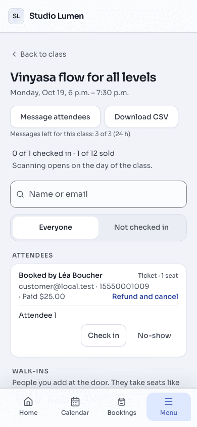 A class’s roster on a phone: the class title and date, how many people have checked in, a search box, then the ticket buyer’s card with the amount paid and the “Check in” and “No-show” buttons.