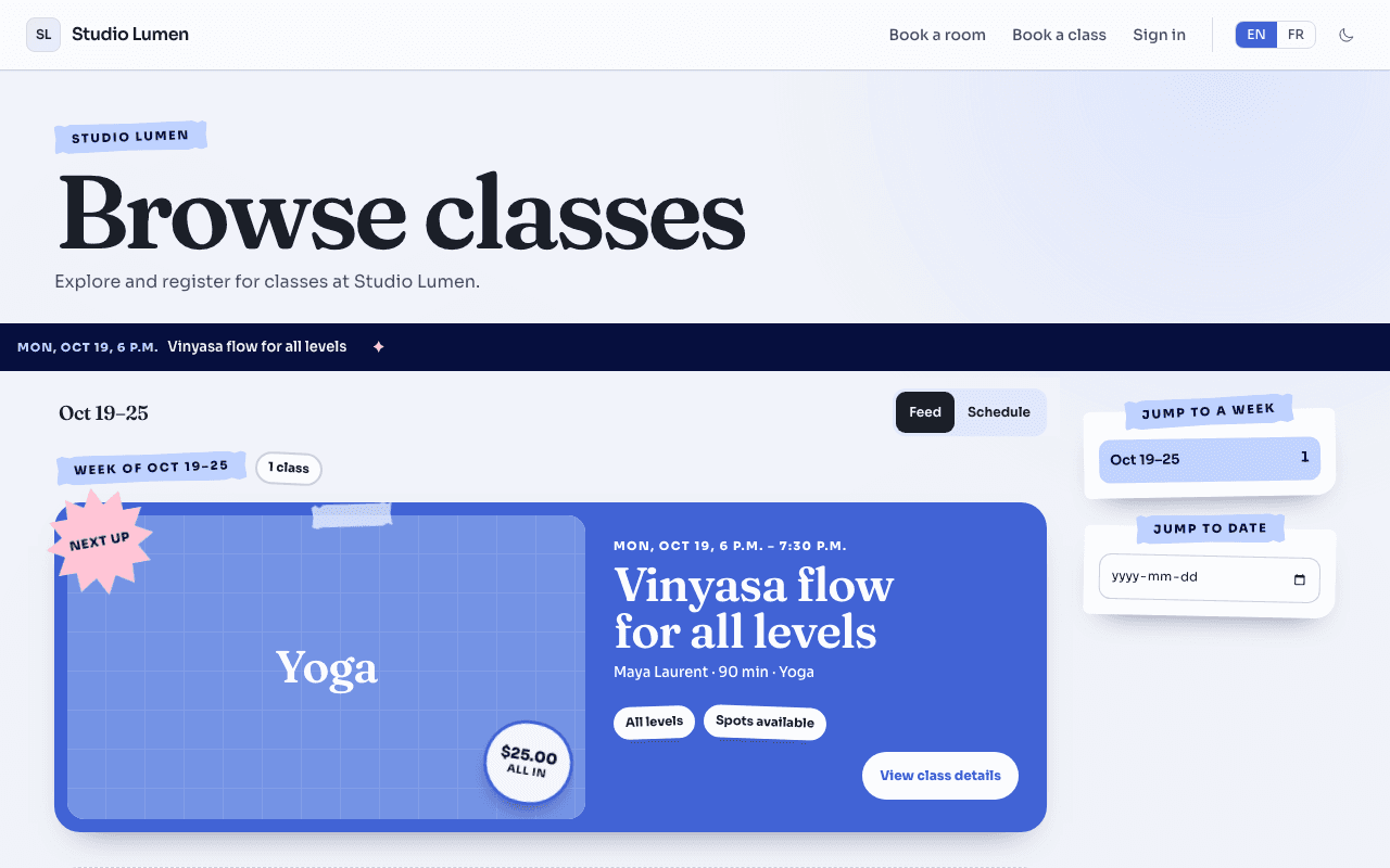 The studio’s public classes page, as a visitor sees it: a card for “Vinyasa flow for all levels” with its date and time, who runs it, the price with taxes included, and a “View class details” button.