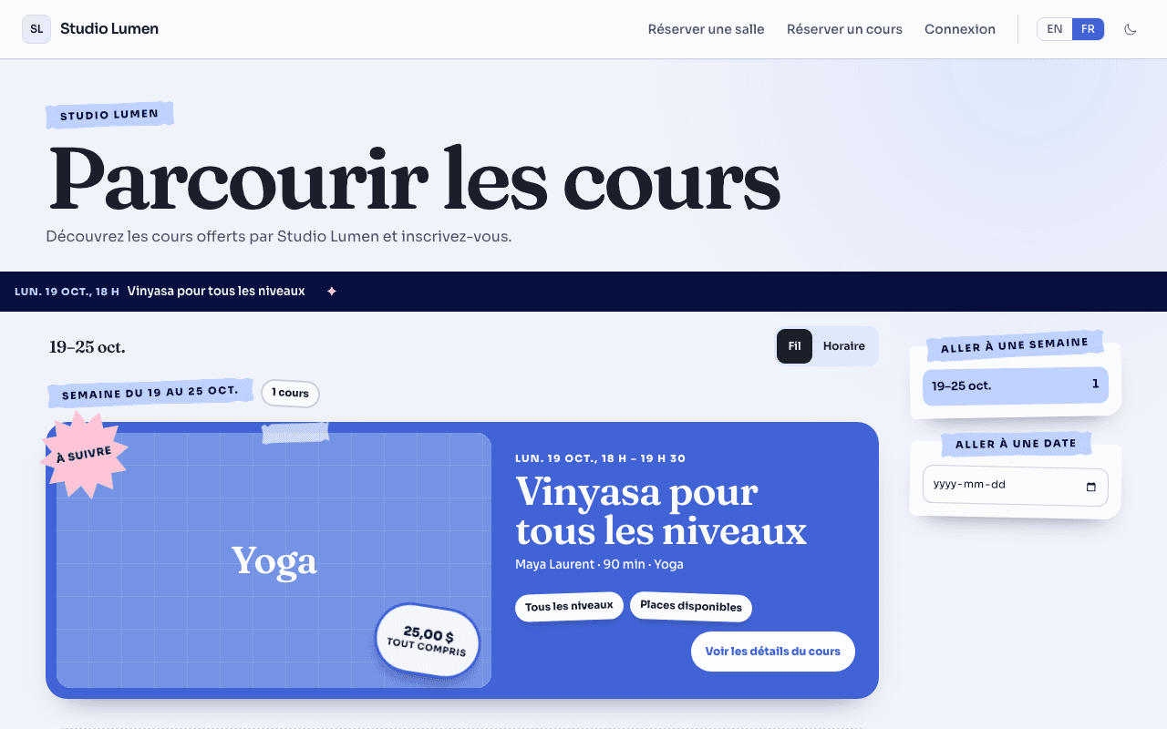 La page publique des cours du studio, telle que la voit un visiteur : une carte pour « Vinyasa pour tous les niveaux » avec sa date et son heure, la personne qui le donne, le prix taxes comprises et un bouton « Voir les détails du cours ».