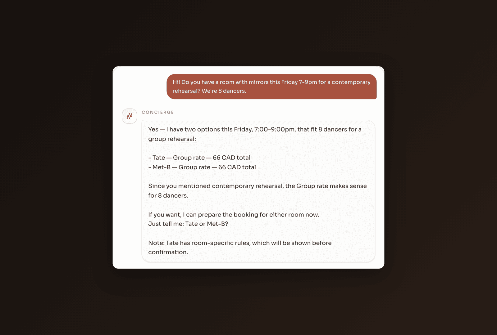A renter booking a studio room through the Quorin AI chat