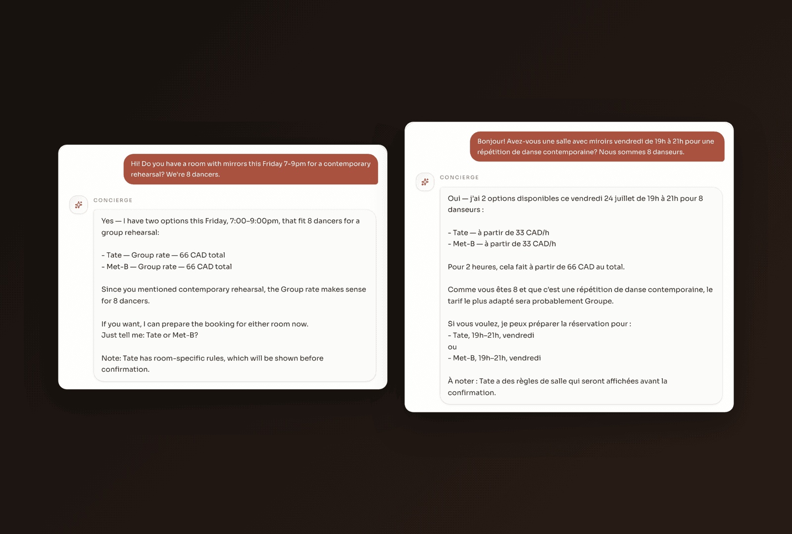 The same AI booking conversation side by side in English and in French