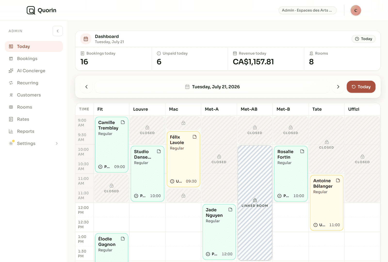 The Quorin admin dashboard showing payments and bookings
