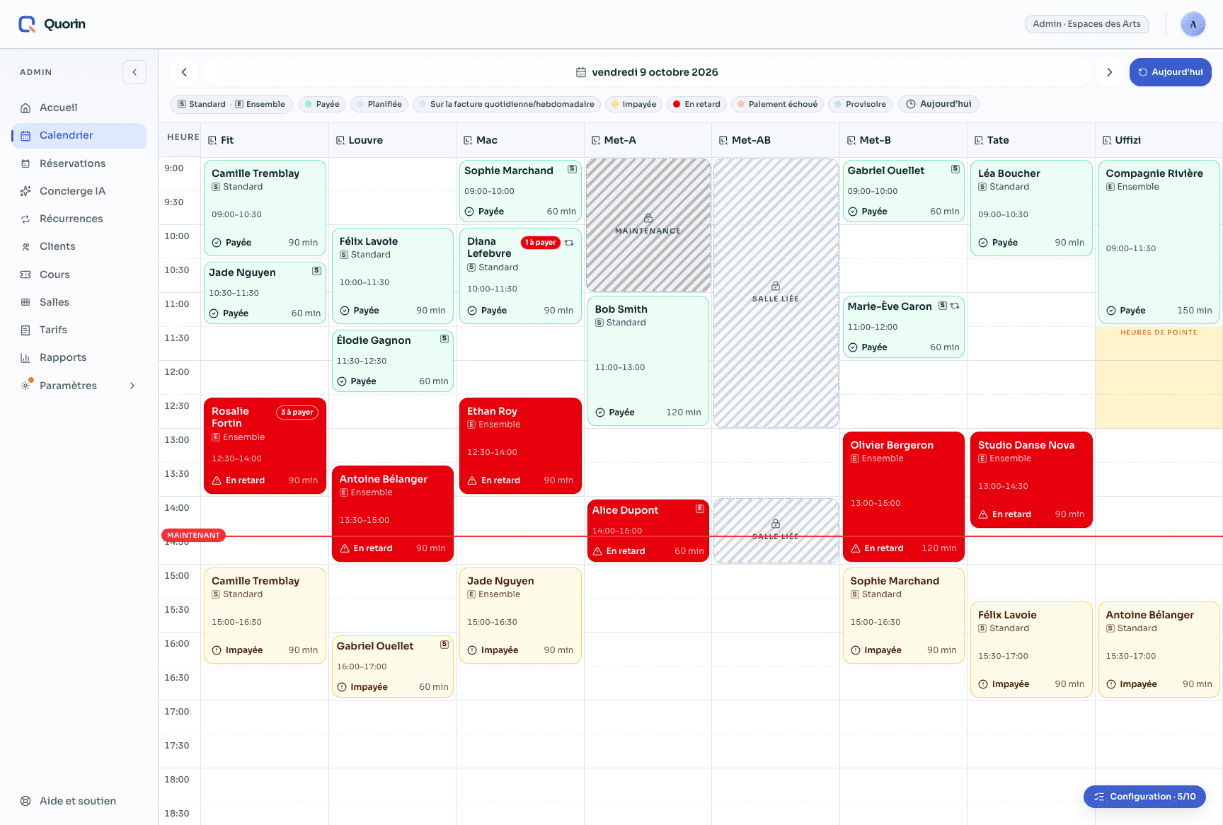 Le calendrier administrateur de Quorin avec plusieurs salles et les réservations payées et impayées