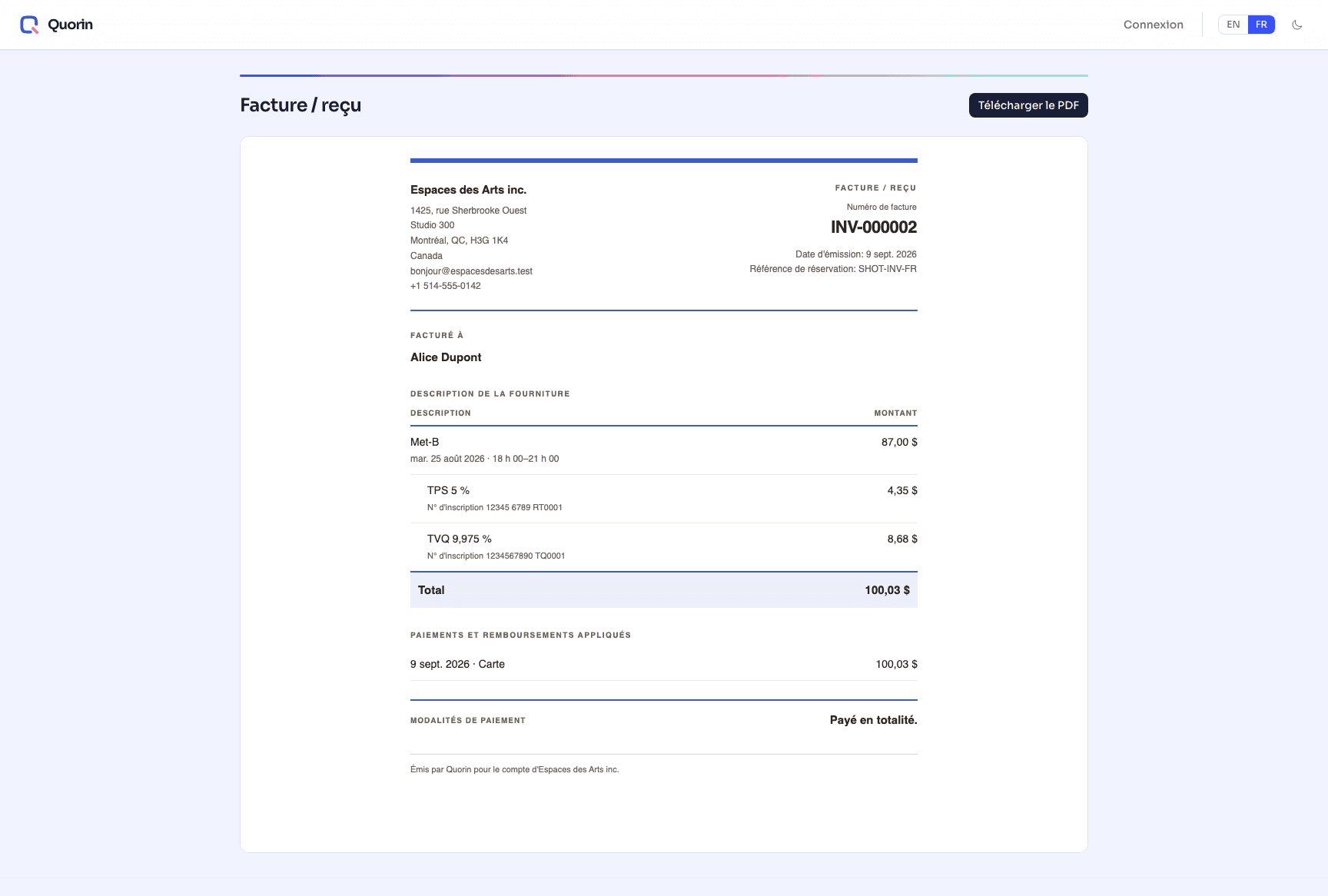 Un reçu Quorin indiquant le paiement et ses taxes, avec une copie PDF